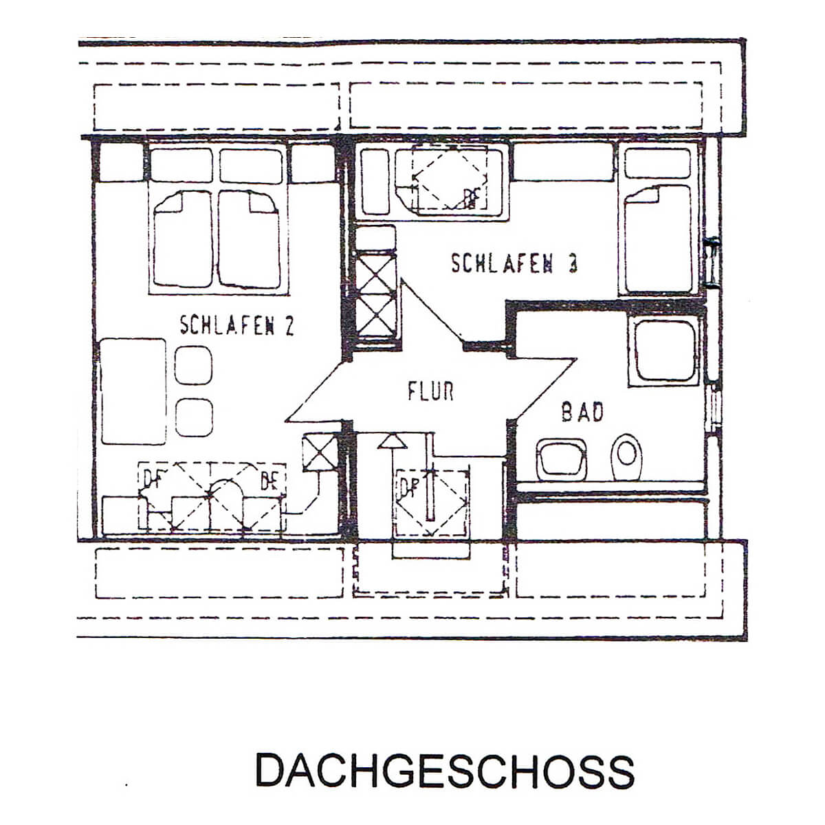 Grundriss Dachgeschoss Ferienhaus Fox Lenz mit zwei Schlafzimmern, Bad und Flur