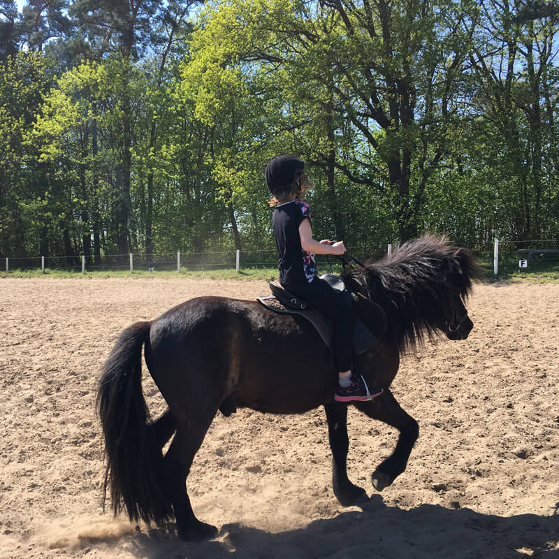 Kind reitet Pony auf dem Reitplatz in der Natur am Plauer See