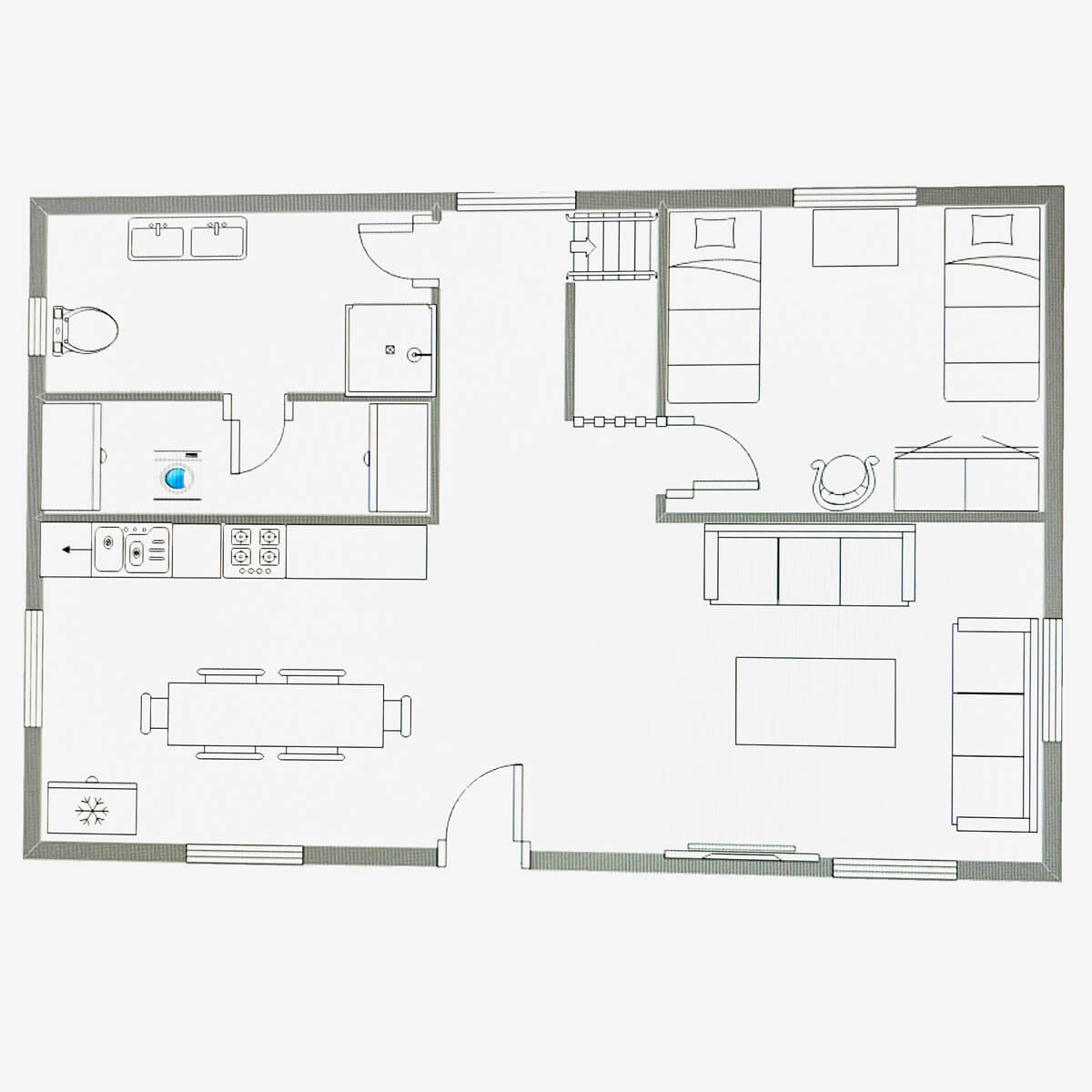 Grundriss des Erdgeschosses im Ferienhaus Fox Zislow mit Küche, Wohnzimmer und Schlafzimmer