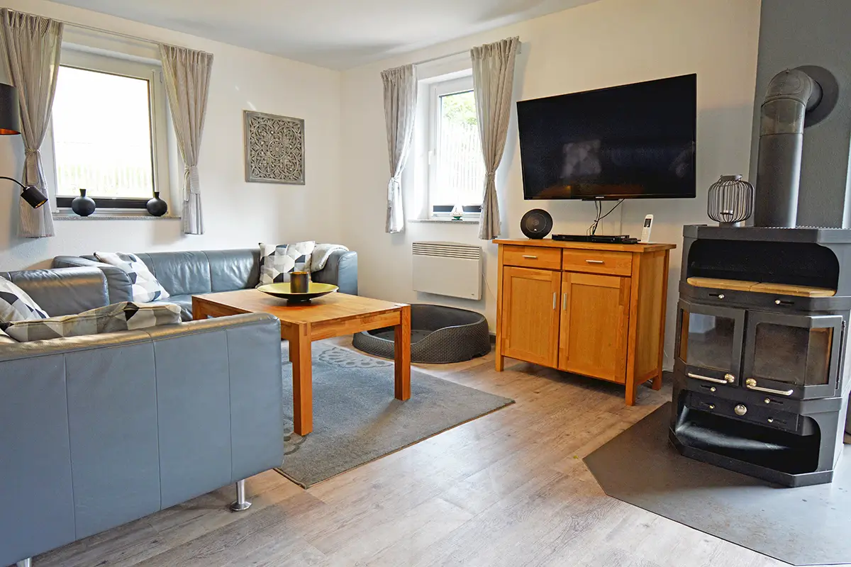 Gemütliches Wohnzimmer im Ferienhaus am Plauer See mit Sofa, Kamin und Fernseher